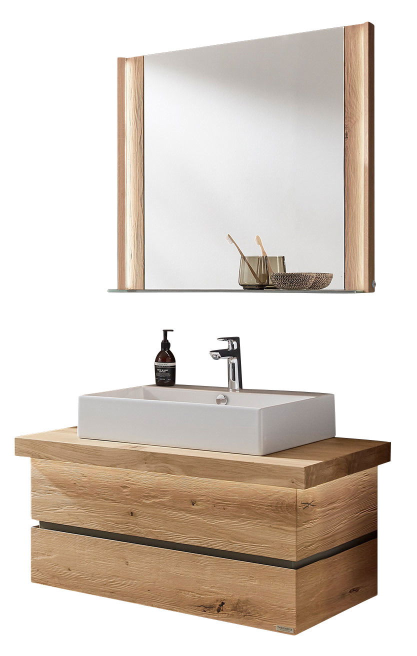 Moderne Badkombination mit Holzoptik, bestehend aus einem rechteckigen Waschbecken mit Unterschrank und einem großen Spiegel mit seitlichen Holzrahmen. Frontalansicht.