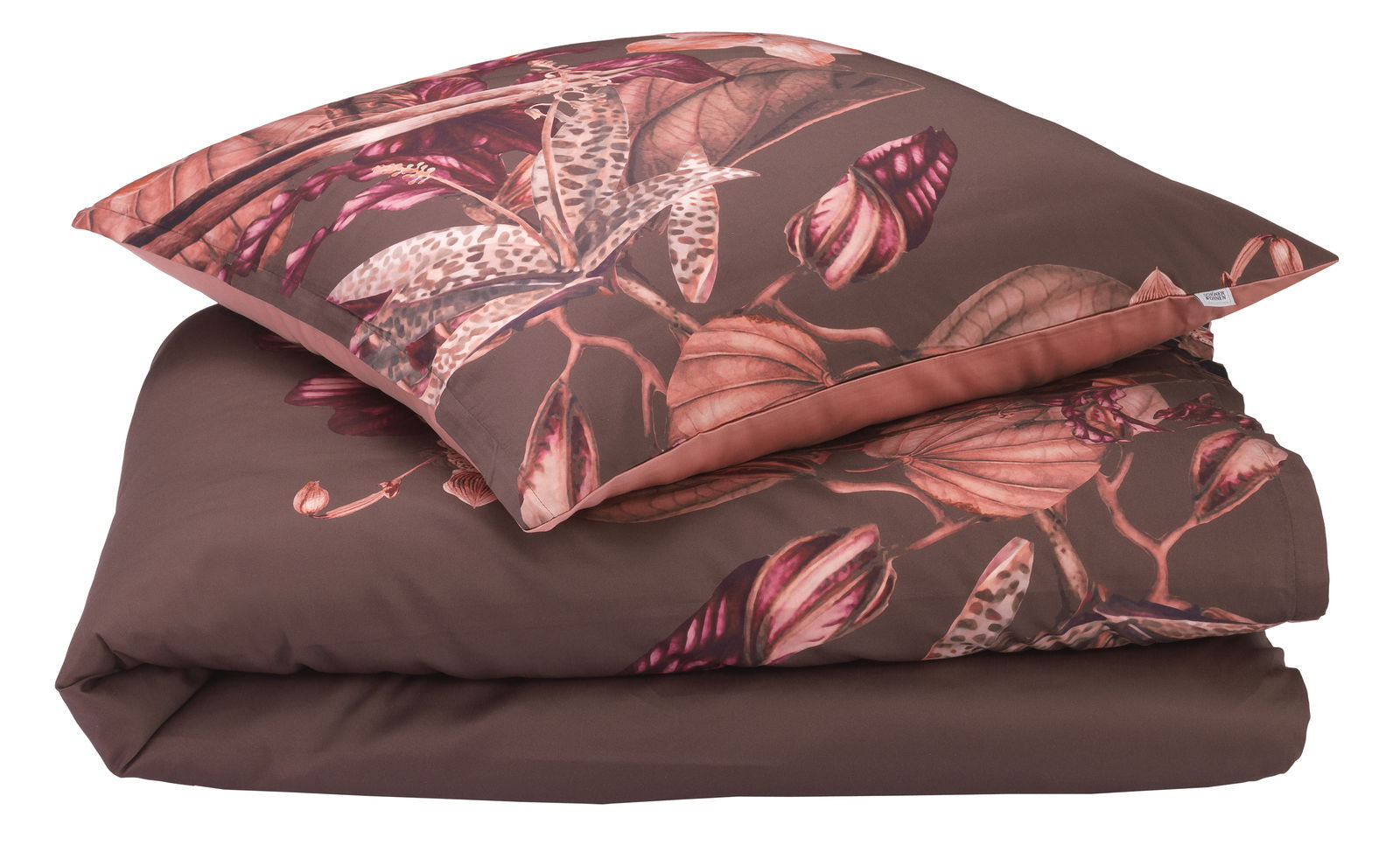 Satin-Bettwäsche 155x220 cm mit floralem Muster in warmen Brauntönen, seitliche Perspektive
