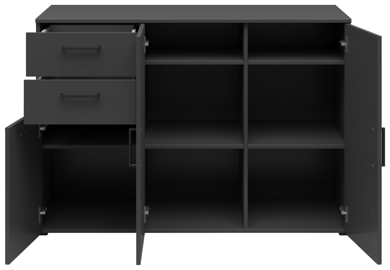 Schwarze Kommode mit zwei offenen Schubladen und mehreren Fächern, frontale Ansicht
