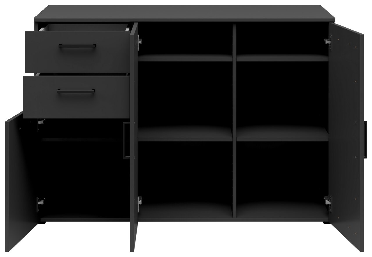 Schwarze Kommode mit zwei offenen Schubladen und mehreren Fächern, frontale Ansicht
