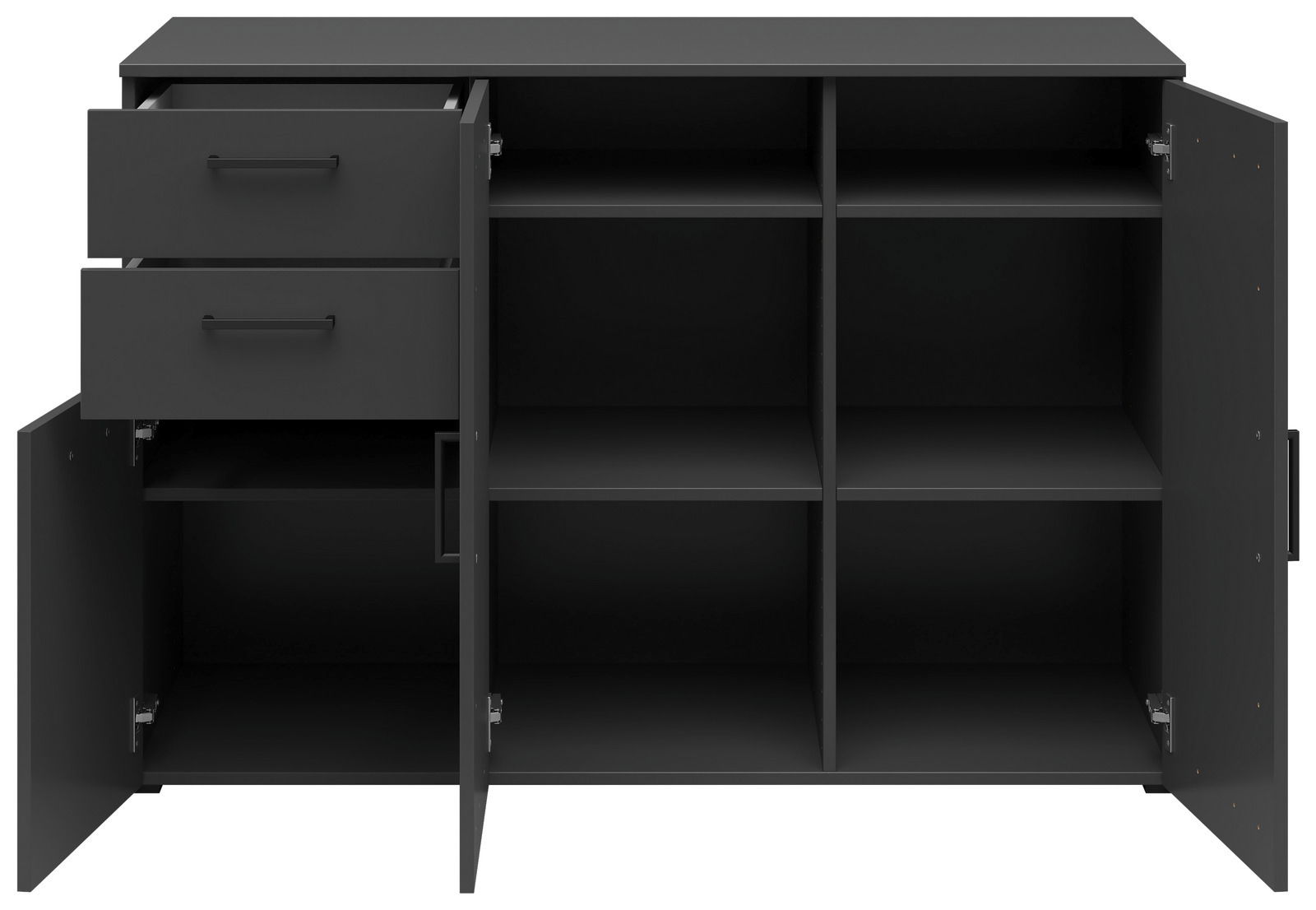 Schwarze Kommode mit zwei offenen Schubladen und mehreren Fächern, frontale Ansicht
