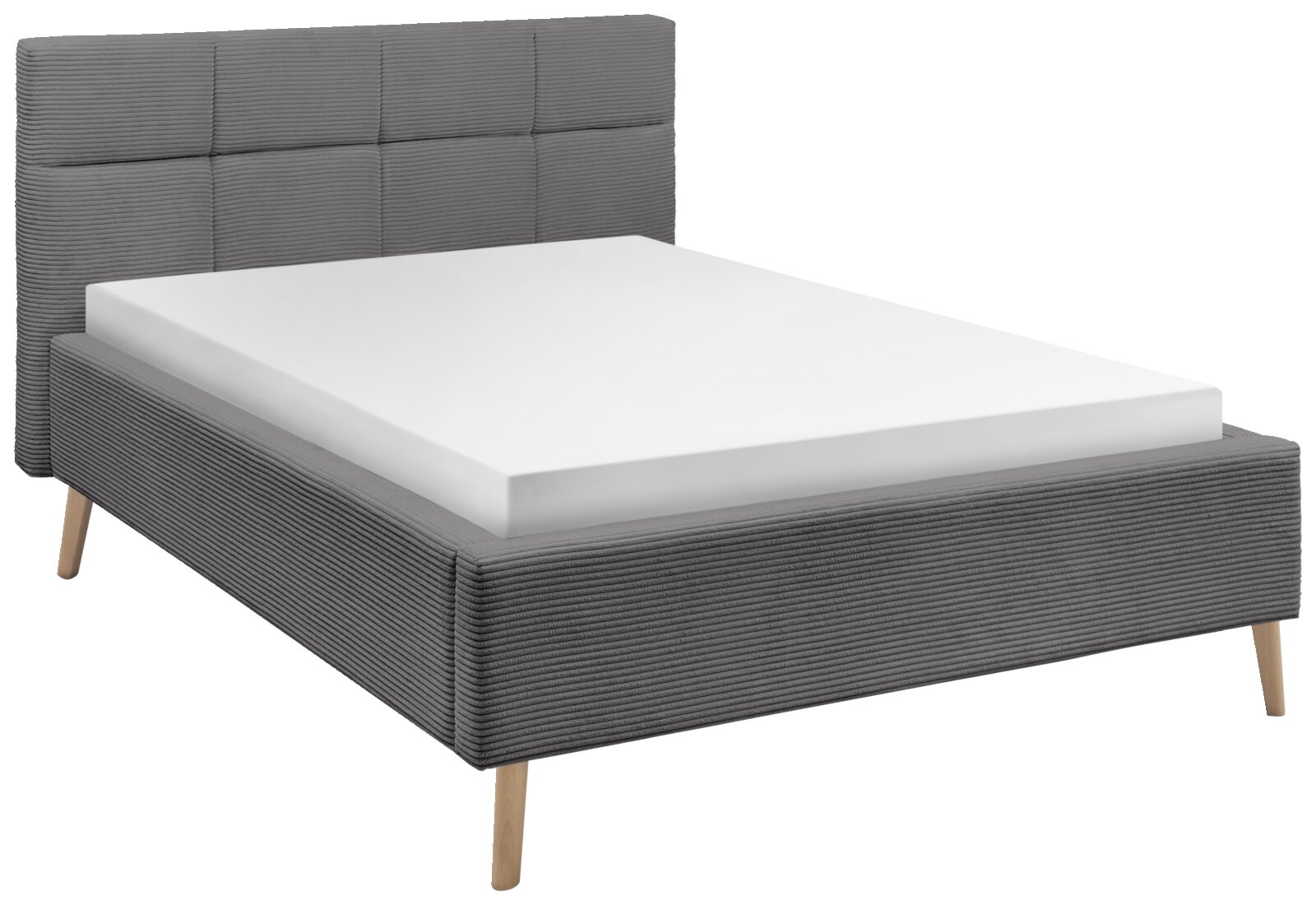 Grijs gestoffeerd bed met hoog hoofdeinde en houten poten, zijaanzicht