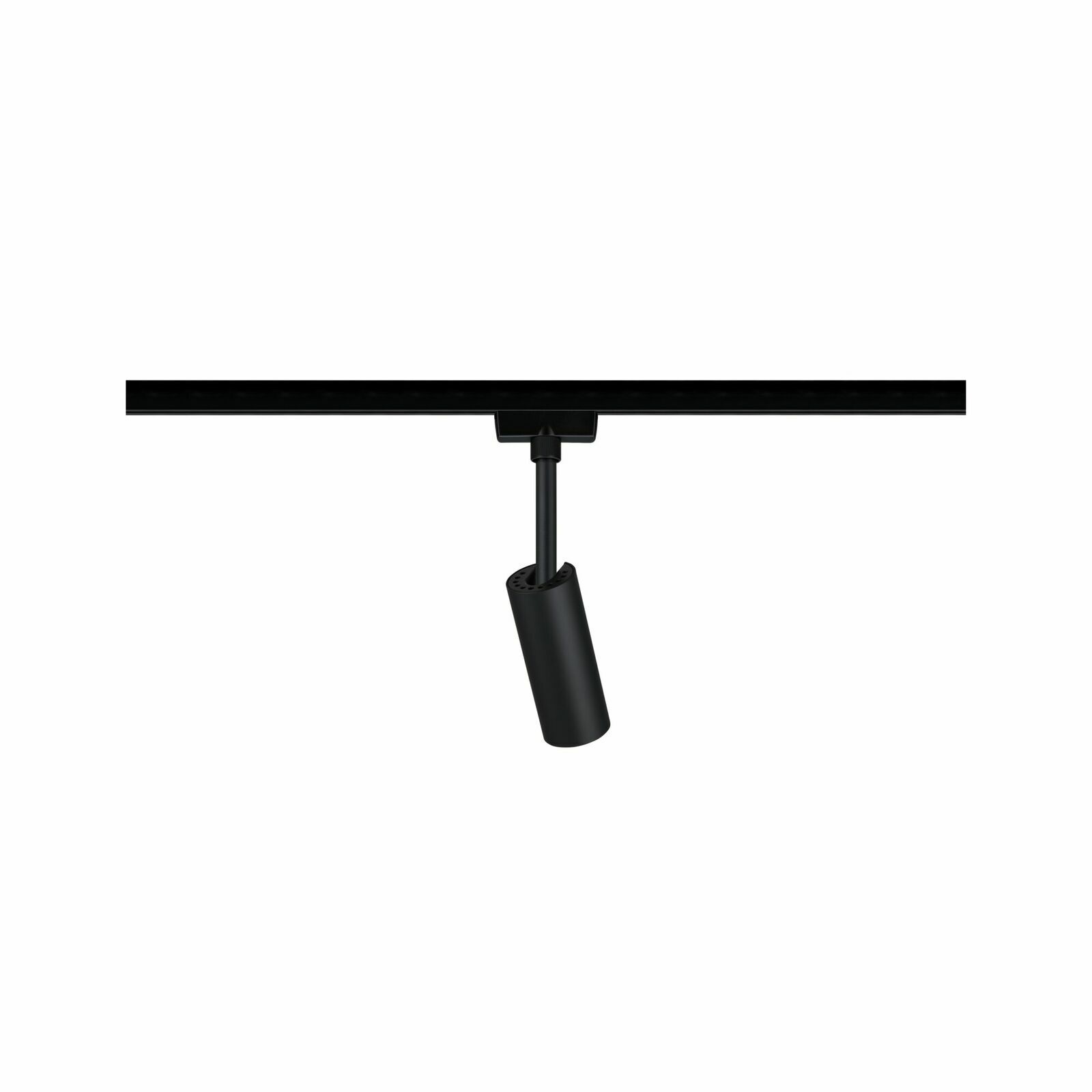 Schwarzer Schienenspot Tubo, seitliche Perspektive, montiert an einer Schiene