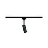 Schwarzer Schienenspot Tubo, seitliche Perspektive, montiert an einer Schiene