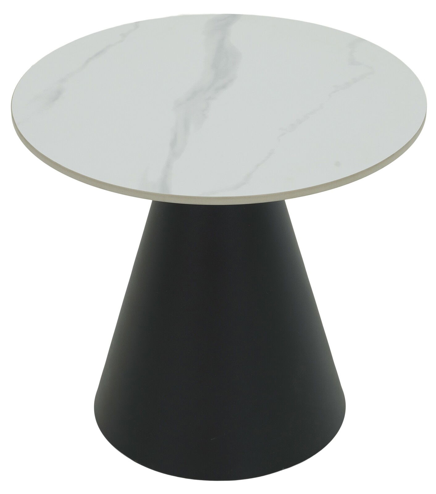 Runder Couchtisch mit weißer Marmoroptik-Tischplatte und konischem schwarzen Sockel, Ansicht von oben.