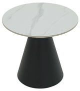 Runder Couchtisch mit weißer Marmoroptik-Tischplatte und konischem schwarzen Sockel, Ansicht von oben.