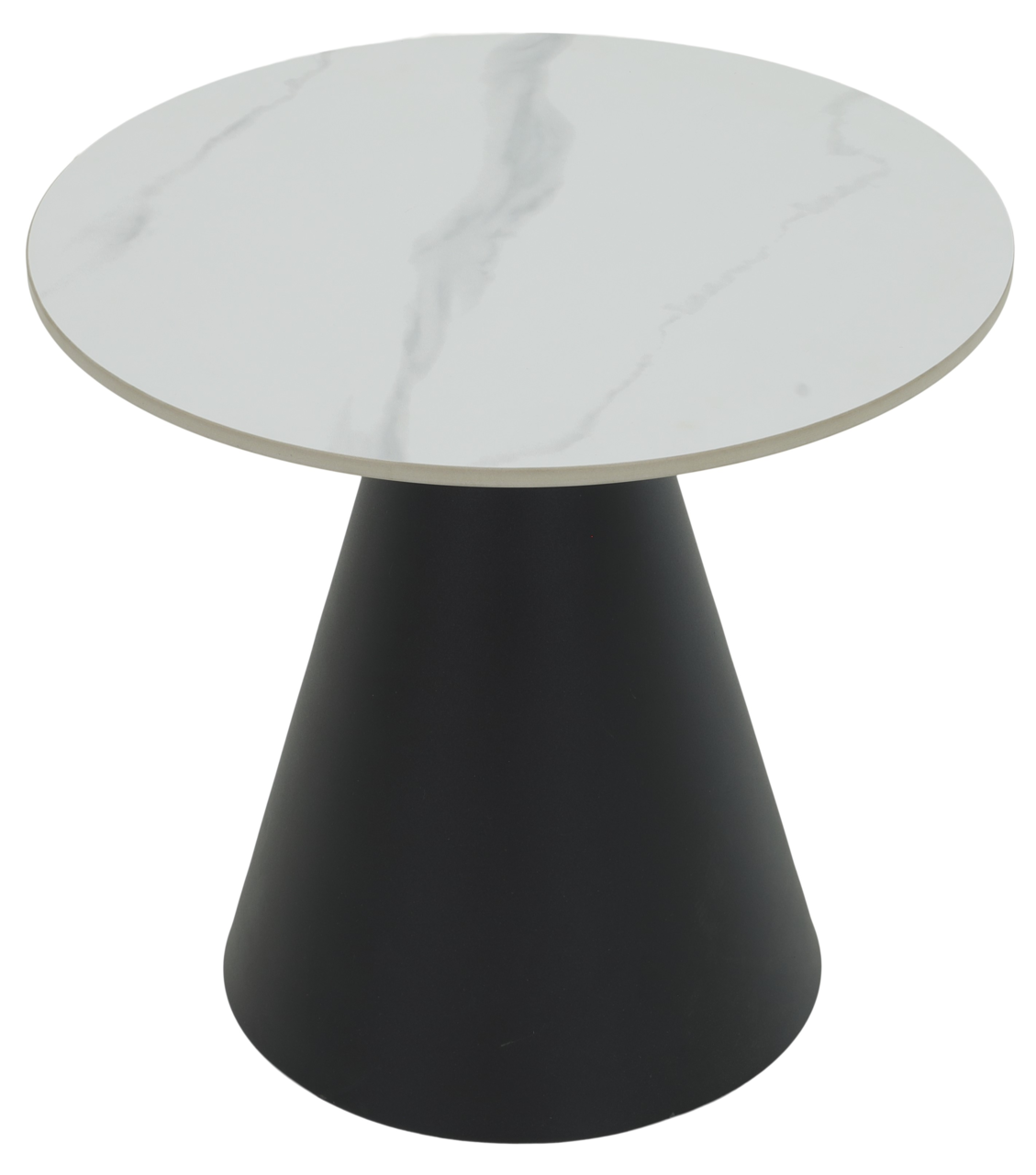 Z2 Couchtisch 2er-Set DUSTIN Runder Couchtisch mit weißer Marmoroptik-Tischplatte und konischem schwarzen Sockel, Ansicht von oben.