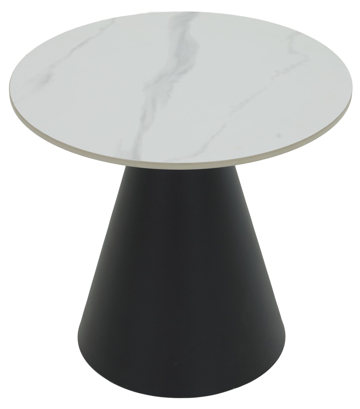Runder Couchtisch mit weißer Marmoroptik-Tischplatte und konischem schwarzen Sockel, Ansicht von oben.