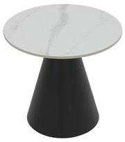 Runder Couchtisch mit weißer Marmoroptik-Tischplatte und konischem schwarzen Sockel, Ansicht von oben.