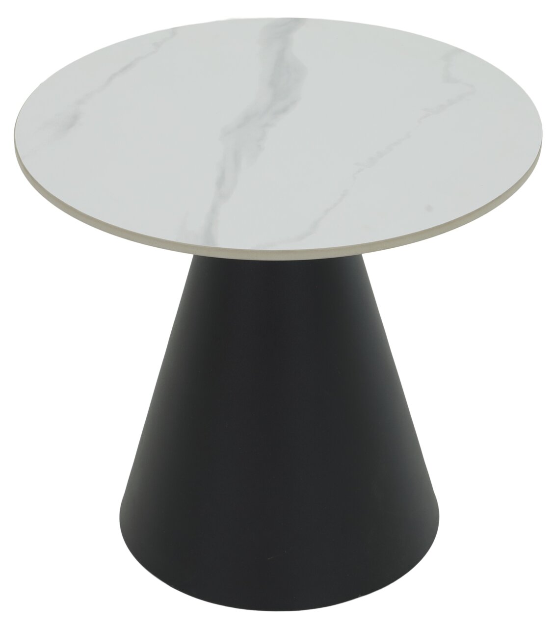 Z2 Couchtisch 2er-Set DUSTIN Runder Couchtisch mit weißer Marmoroptik-Tischplatte und konischem schwarzen Sockel, Ansicht von oben.