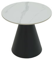 Runder Couchtisch mit weißer Marmoroptik-Tischplatte und konischem schwarzen Sockel, Ansicht von oben.