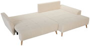 Beiges, gepolstertes Schlafsofa mit gesteppter Liegefläche, Holzfüßen, Rückenlehne und Armlehnen, in ausgeklappter Bettfunktion; Perspektive: schräg von vorne/oben