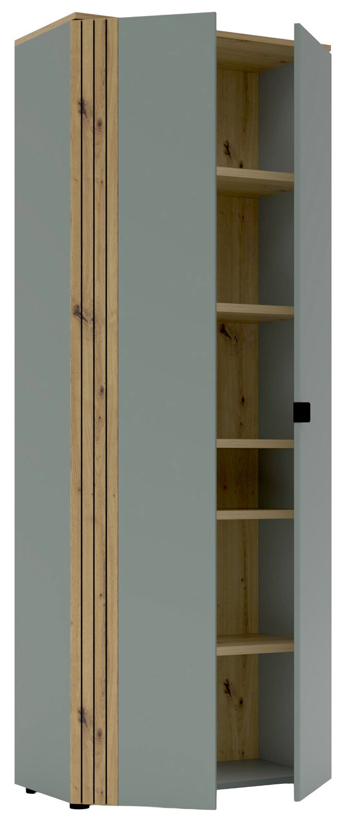 Büroschrank mit grauer Front und Holzelementen, geöffnete Tür, seitliche Perspektive