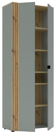 Büroschrank mit grauer Front und Holzelementen, geöffnete Tür, seitliche Perspektive