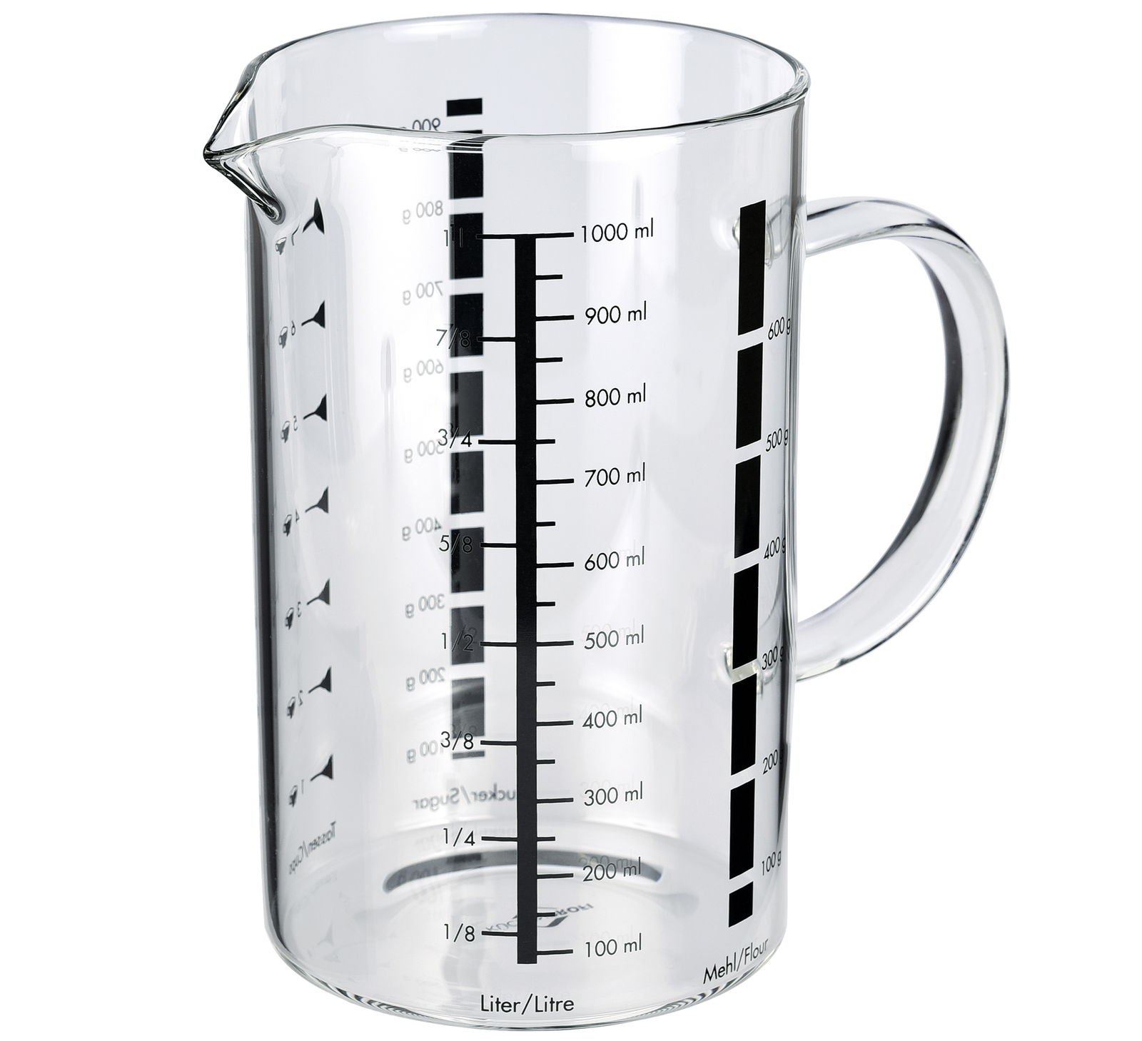 Glas-Messbecher mit 1 Liter Fassungsvermögen, seitliche Ansicht