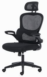 Ergonomischer schwarzer Drehstuhl mit Netzrückenlehne und Kopfstütze, seitliche Perspektive