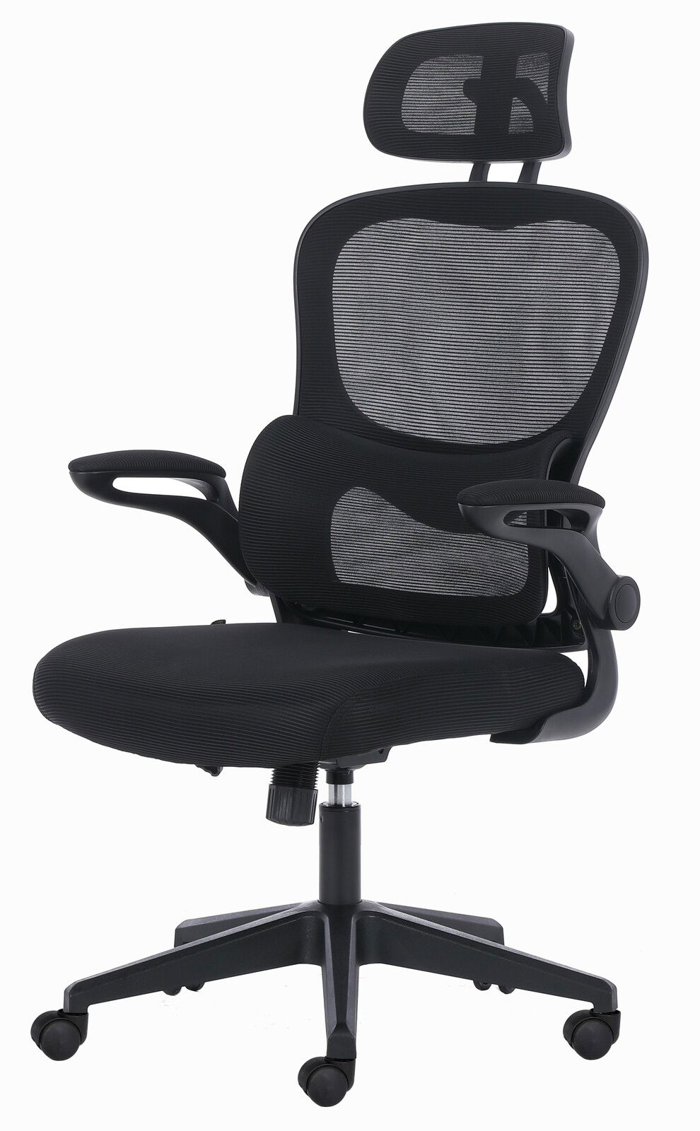 Ergonomischer schwarzer Drehstuhl mit Netzrückenlehne und Kopfstütze, seitliche Perspektive