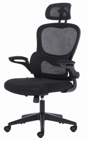 Ergonomischer schwarzer Drehstuhl mit Netzrückenlehne und Kopfstütze, seitliche Perspektive