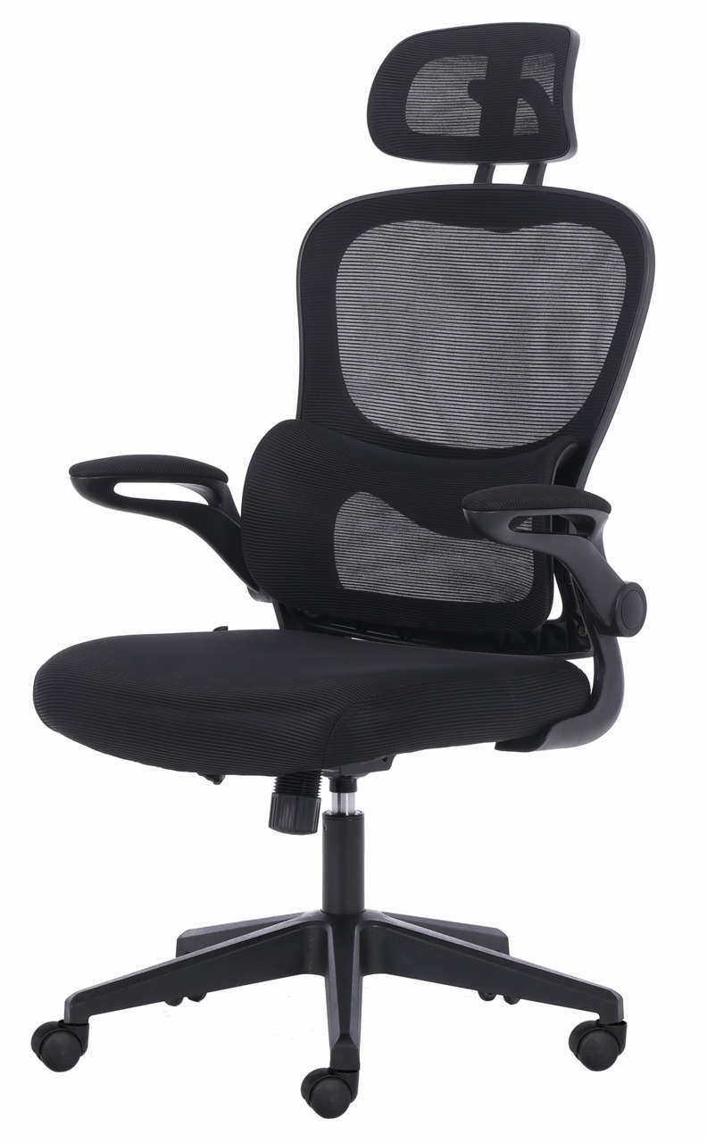 Ergonomischer schwarzer Drehstuhl mit Netzrückenlehne und Kopfstütze, seitliche Perspektive