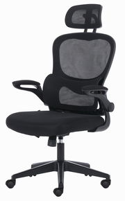 Ergonomischer schwarzer Drehstuhl mit Netzrückenlehne und Kopfstütze, seitliche Perspektive