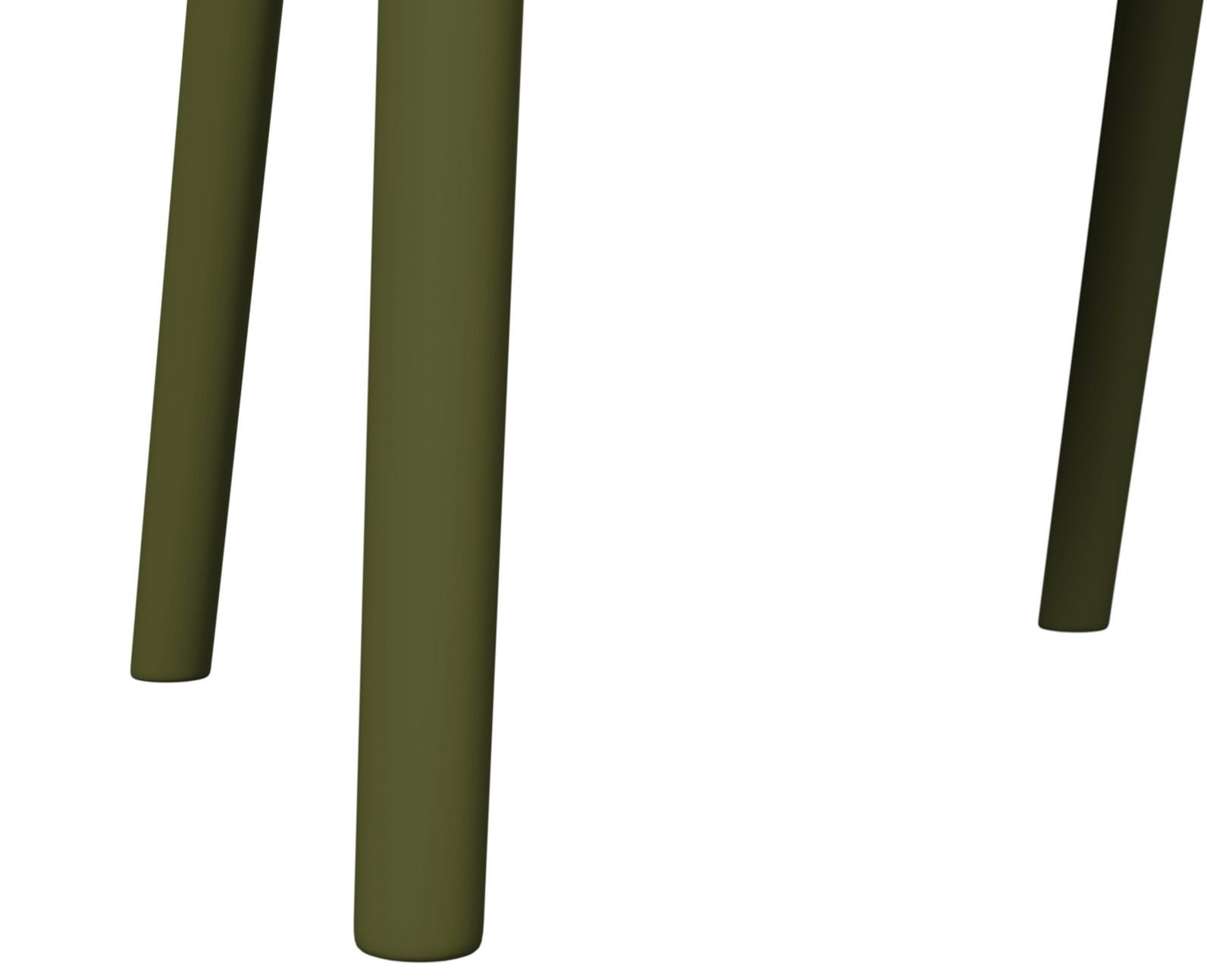 Nahaufnahme der Beine eines olivgrünen Stapelsessels aus seitlicher Perspektive