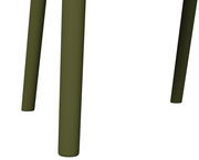 Nahaufnahme der Beine eines olivgrünen Stapelsessels aus seitlicher Perspektive