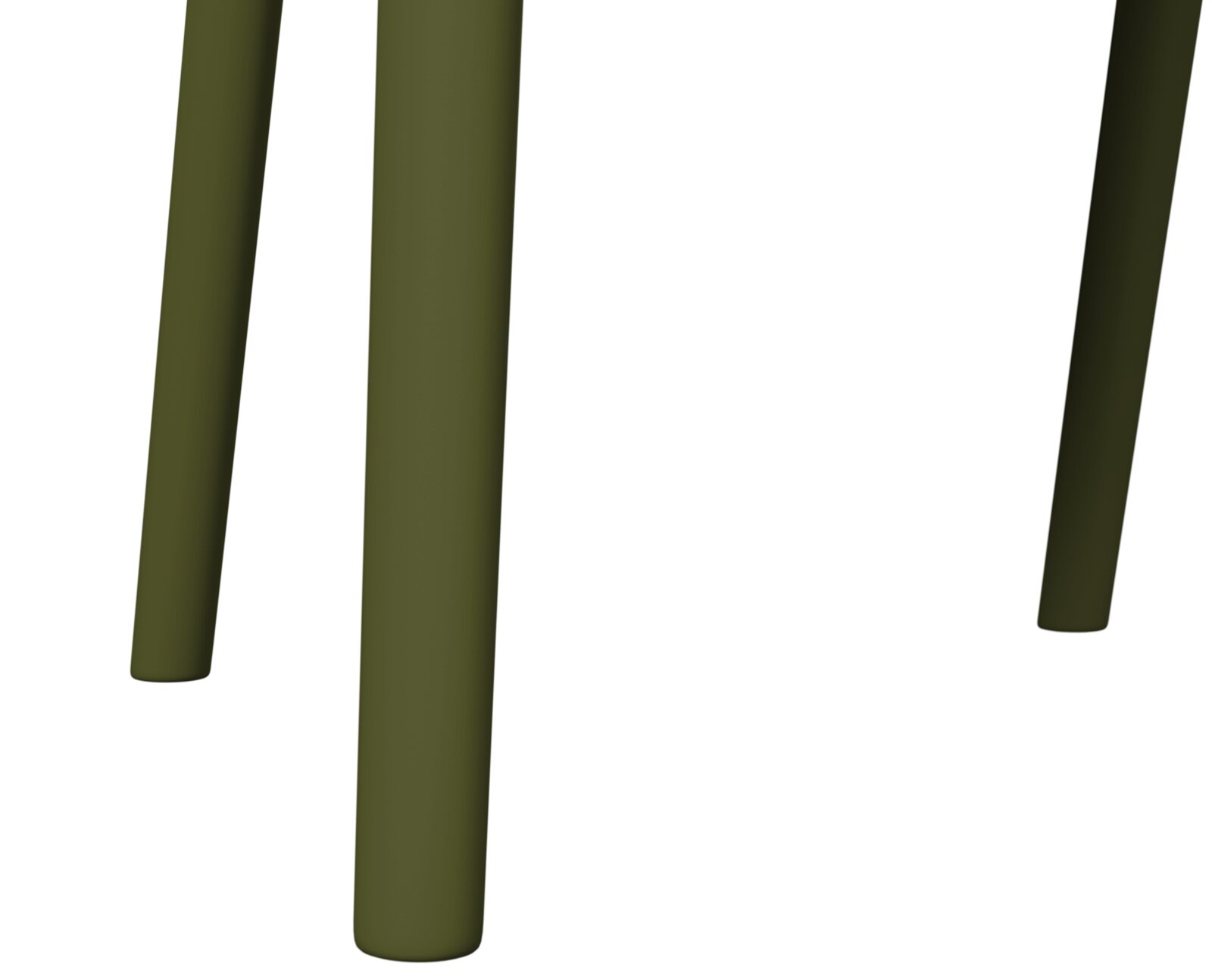 Nahaufnahme der Beine eines olivgrünen Stapelsessels aus seitlicher Perspektive