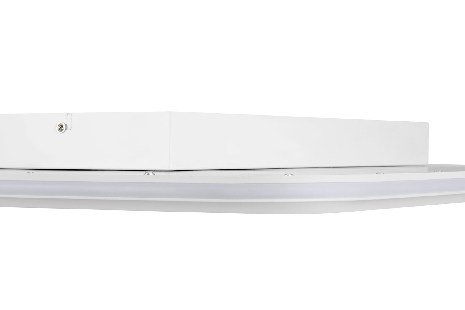 Witte, ronde led-plafondlamp met vlakke lichtverspreider en metalen behuizing, close-up in zijaanzicht.