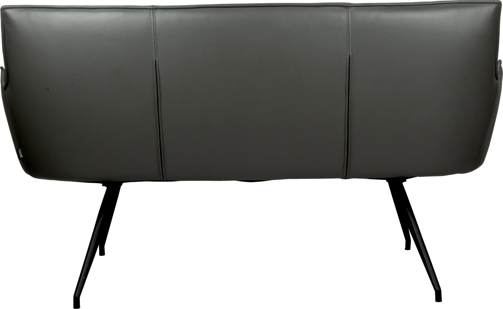 Rückansicht eines modernen grauen Polstersessels mit glatter Kunstleder-Optik, vertikalen Ziernähten und schwarzen Metallbeinen vor weißem Hintergrund