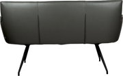 Achterkant van een moderne grijze fauteuil met een gladde kunstleerlook, verticale siernaden en zwarte metalen poten tegen een witte achtergrond