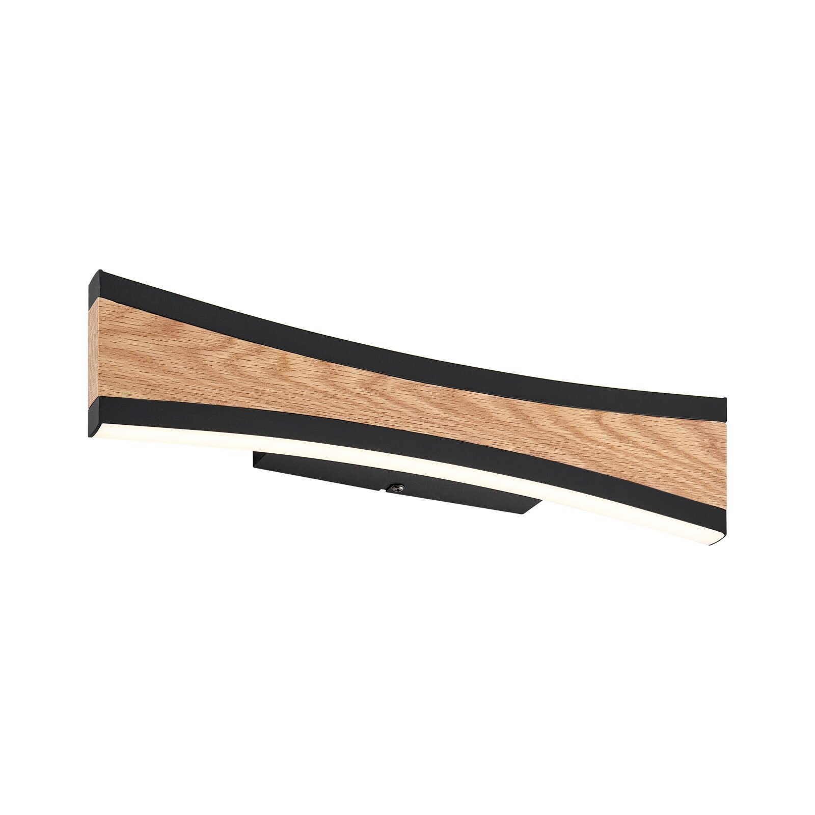 Moderne, gebogene LED-Wandleuchte in Schwarz mit Holzoptik-Front und diffuser Lichtleiste, schräg von unten in Seitenansicht auf weißem Hintergrund