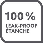 Vorderansicht eines quadratischen Symbols mit der Aufschrift '100% LEAK-PROOF ÉTANCHE', das die Dichtheit eines Produkts hervorhebt.