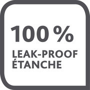 Vorderansicht eines quadratischen Symbols mit der Aufschrift '100% LEAK-PROOF ÉTANCHE', das die Dichtheit eines Produkts hervorhebt.