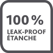 Vooraanzicht van een vierkant symbool met het opschrift '100% LEAK-PROOF ÉTANCHE', dat de waterdichtheid van een product benadrukt.