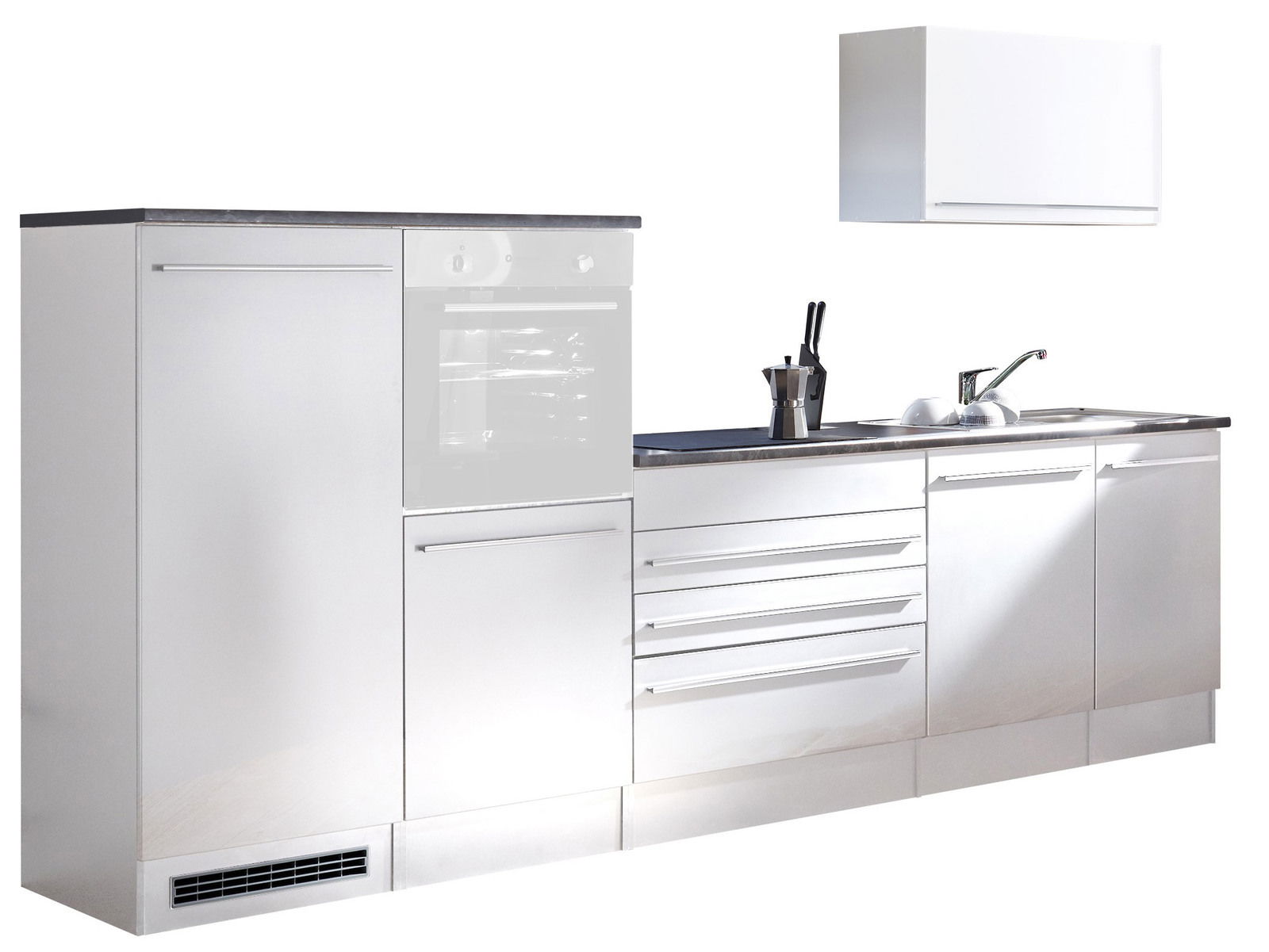 Yourkitchen Küchenblock 320 ohne E-Geräte JAZZ Moderner Küchenblock in Weiß mit mehreren Schränken und Schubladen, inklusive Spüle und Arbeitsfläche, seitliche Perspektive.