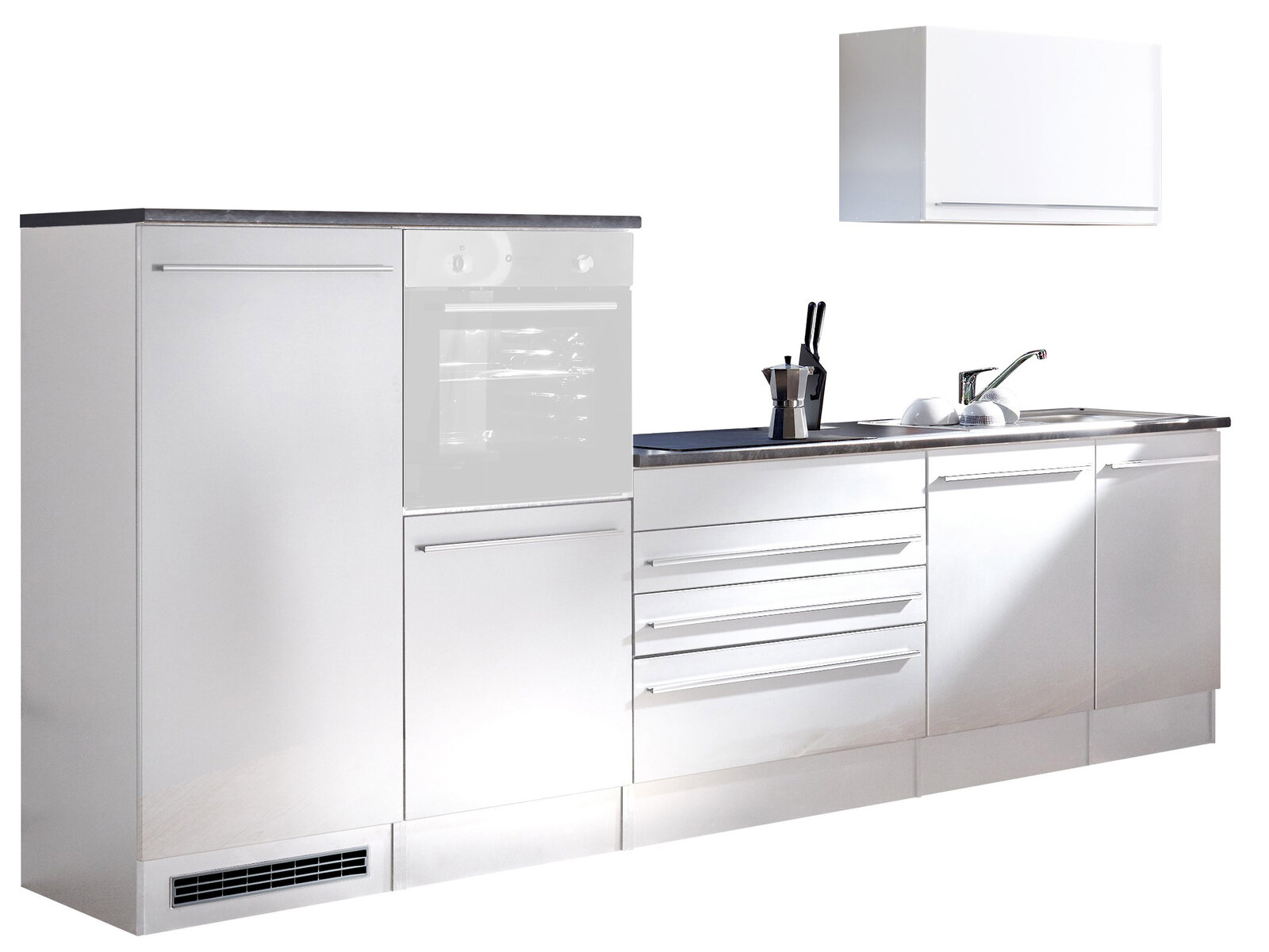 Yourkitchen Küchenblock 320 ohne E-Geräte JAZZ Moderner Küchenblock in Weiß mit mehreren Schränken und Schubladen, inklusive Spüle und Arbeitsfläche, seitliche Perspektive.