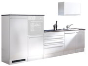 Moderner Küchenblock in Weiß mit mehreren Schränken und Schubladen, inklusive Spüle und Arbeitsfläche, seitliche Perspektive.