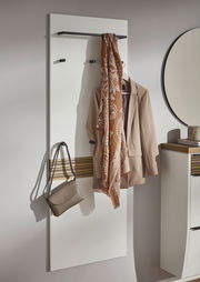 XL-Garderobenpaneel in Weiß mit schwarzer Ablage, Haken für Kleidung und Accessoires, seitliche Perspektive