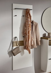 XL-Garderobenpaneel in Weiß mit schwarzer Ablage, Haken für Kleidung und Accessoires, seitliche Perspektive