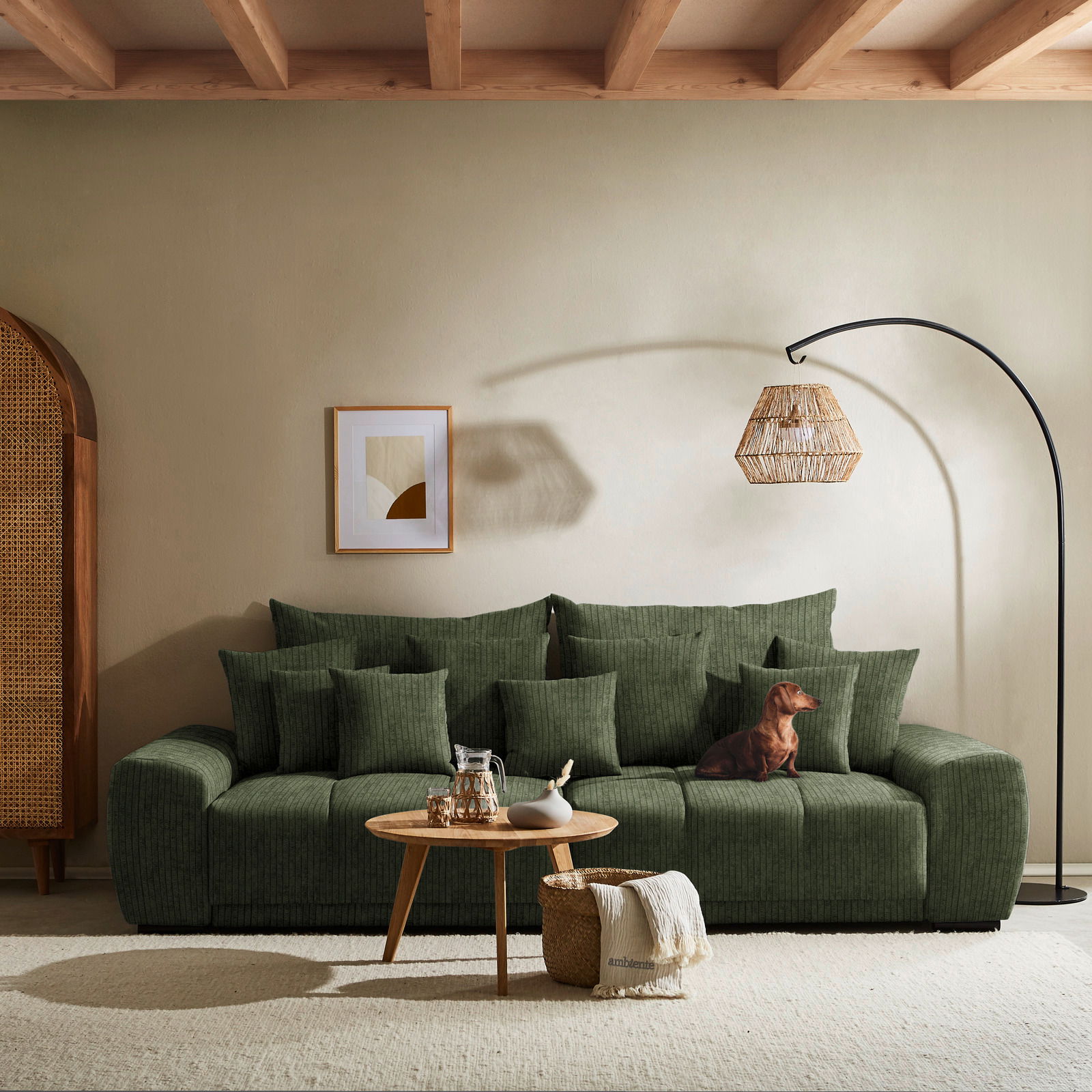 Großes, grünes Sofa mit mehreren Kissen, ein Hund sitzt darauf. Im Vordergrund ein runder Holztisch mit Dekoration. Perspektive: Frontalansicht.