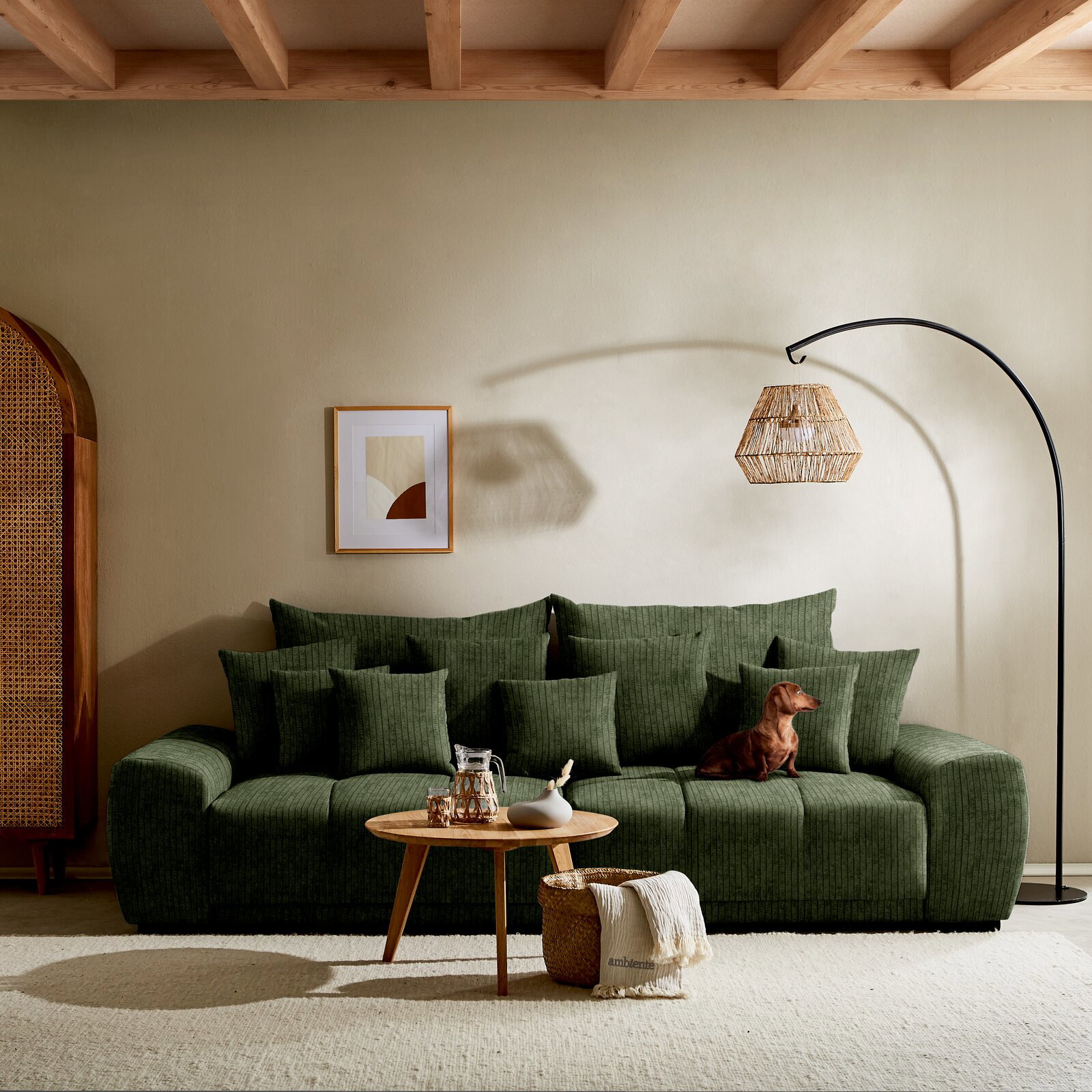 Großes, grünes Sofa mit mehreren Kissen, ein Hund sitzt darauf. Im Vordergrund ein runder Holztisch mit Dekoration. Perspektive: Frontalansicht.