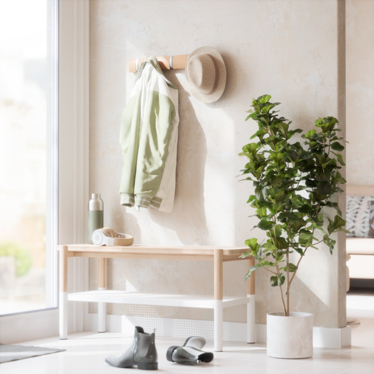 Umbra Wandkapstok FLIP Wandgarderobe mit Jacke und Hut, daneben eine Bank mit Kopfhörern und Trinkflasche, im Vordergrund Schuhe und eine Pflanze, seitliche Perspektive