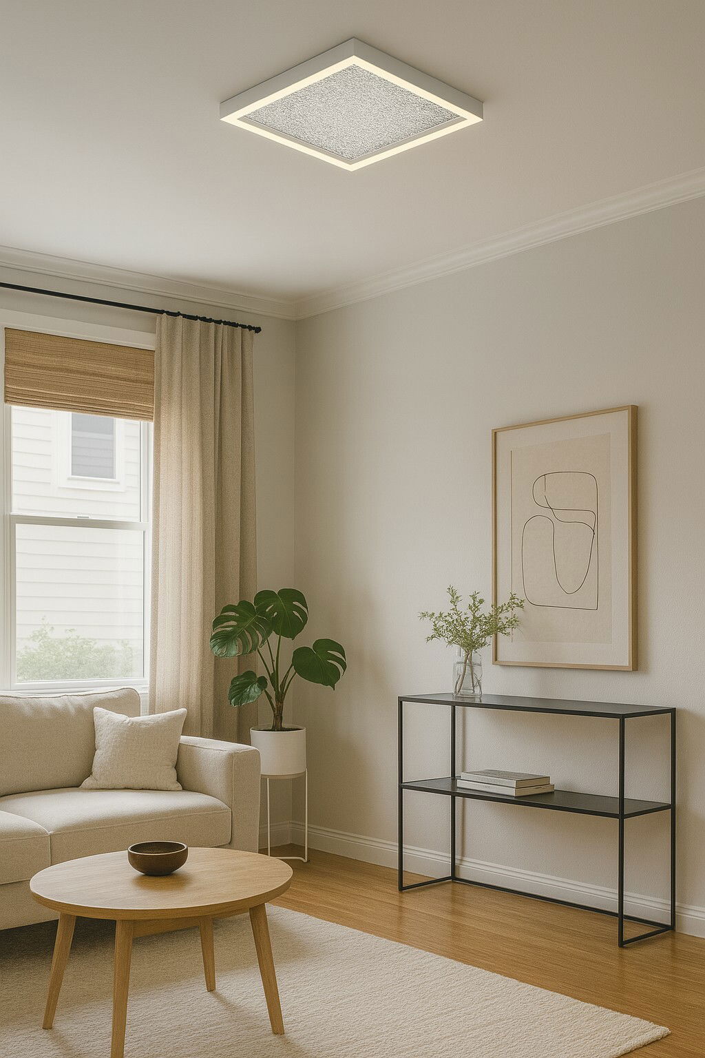 Moderne LED-Deckenleuchte in quadratischer Form, installiert in einem stilvoll eingerichteten Wohnzimmer mit Sofa, Couchtisch und Pflanzen, aus der Perspektive von unten betrachtet.