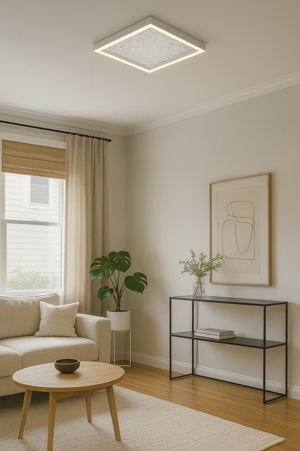 Moderne LED-Deckenleuchte in quadratischer Form, installiert in einem stilvoll eingerichteten Wohnzimmer mit Sofa, Couchtisch und Pflanzen, aus der Perspektive von unten betrachtet.