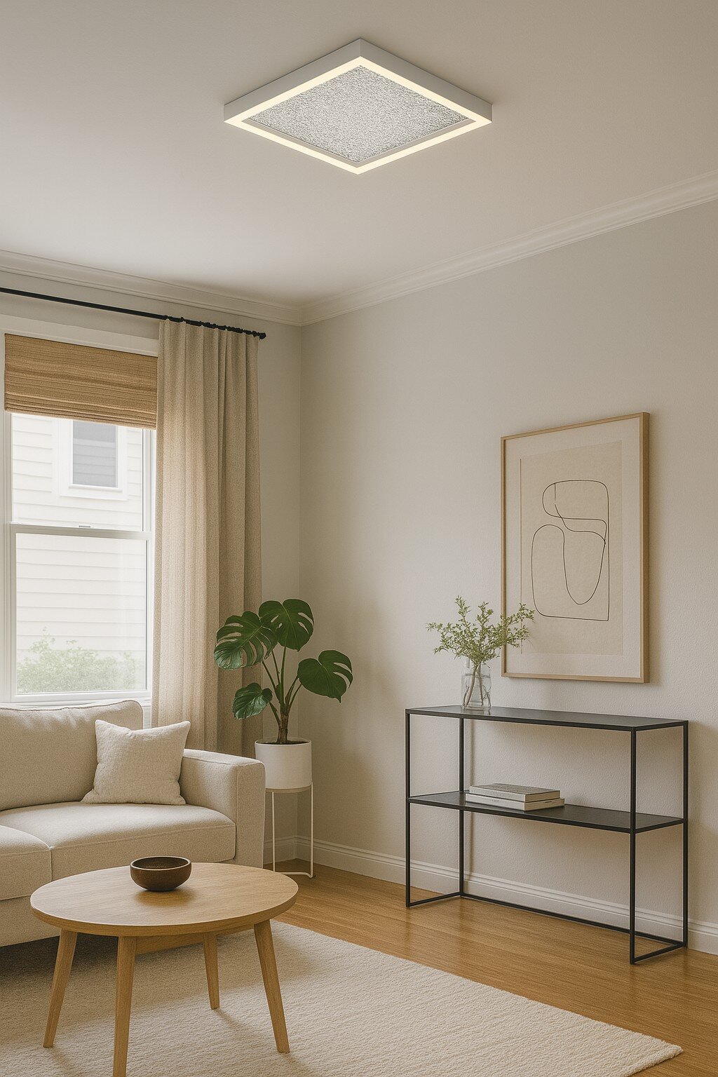 Moderne vierkante led-plafondlamp, geplaatst in een stijlvol ingerichte woonkamer met een bank, salontafel en planten, gezien vanuit een laag standpunt.