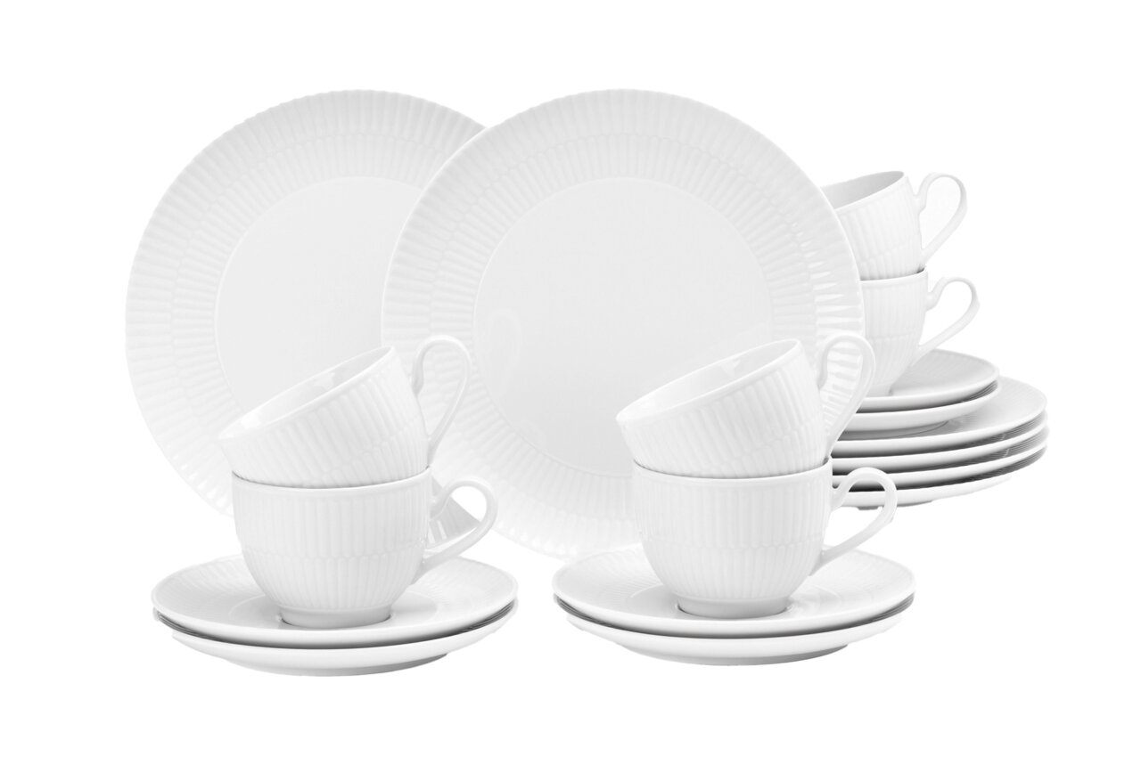 Wit, 18-delig koffieservies met kopjes, schoteltjes en borden, afgebeeld van voren.