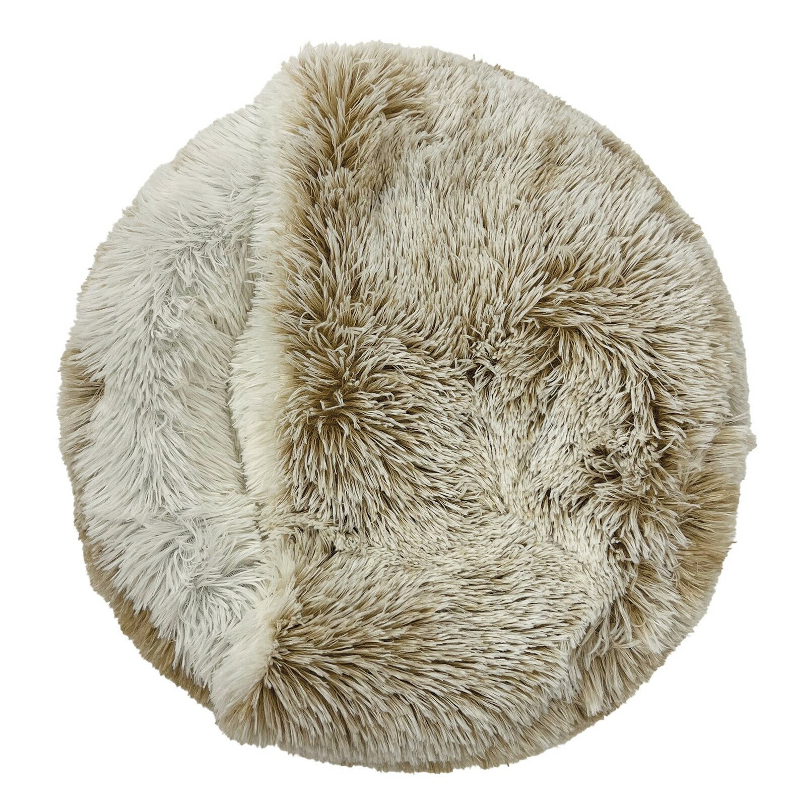 Rundes, flauschiges Haustierbett in beige und creme aus der Vogelperspektive