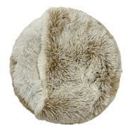 Rundes, flauschiges Haustierbett in beige und creme aus der Vogelperspektive