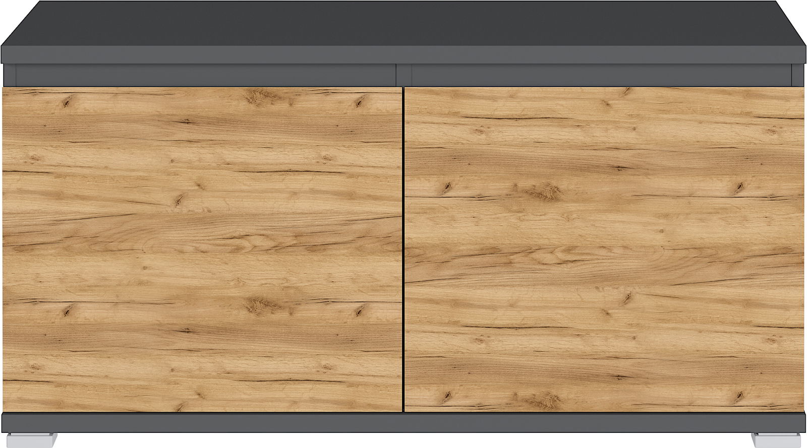 Schuhbank mit Holzoptik und grauer Sitzfläche, frontale Ansicht