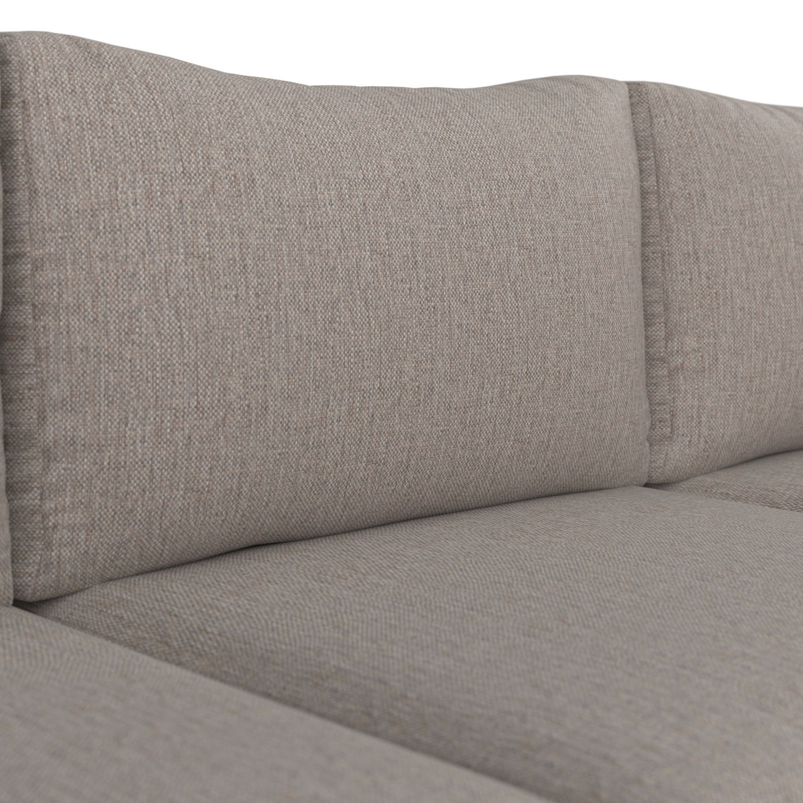 Nahaufnahme einer Loungegarnitur mit beigem Stoffbezug, seitliche Perspektive